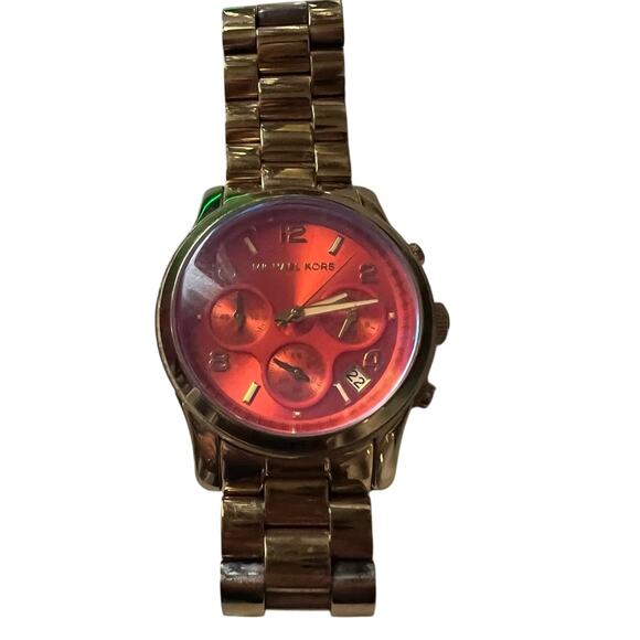 Michael Kors Goldtone Pinkish-Orange Face watch Date Window Snap Closure - Picture 1 of 8